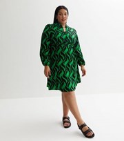 New Look Curves Green Geometric Doodle Print Long Puff Sleeve Mini Dress